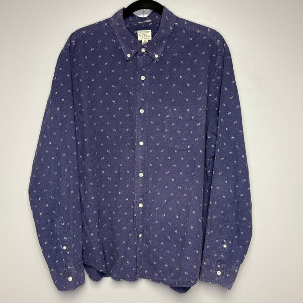 J. Crew Classic Stretch Cotton Navy‎ Floral Button Up Dress Shirt Mens Sz XL